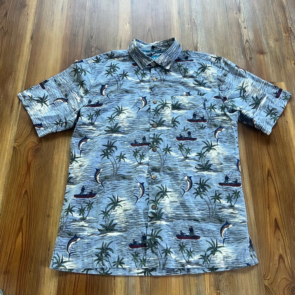 David Taylor Resort Mens Blue Fishing Palm Tree Print‎ Cotton Button Up Shirt M